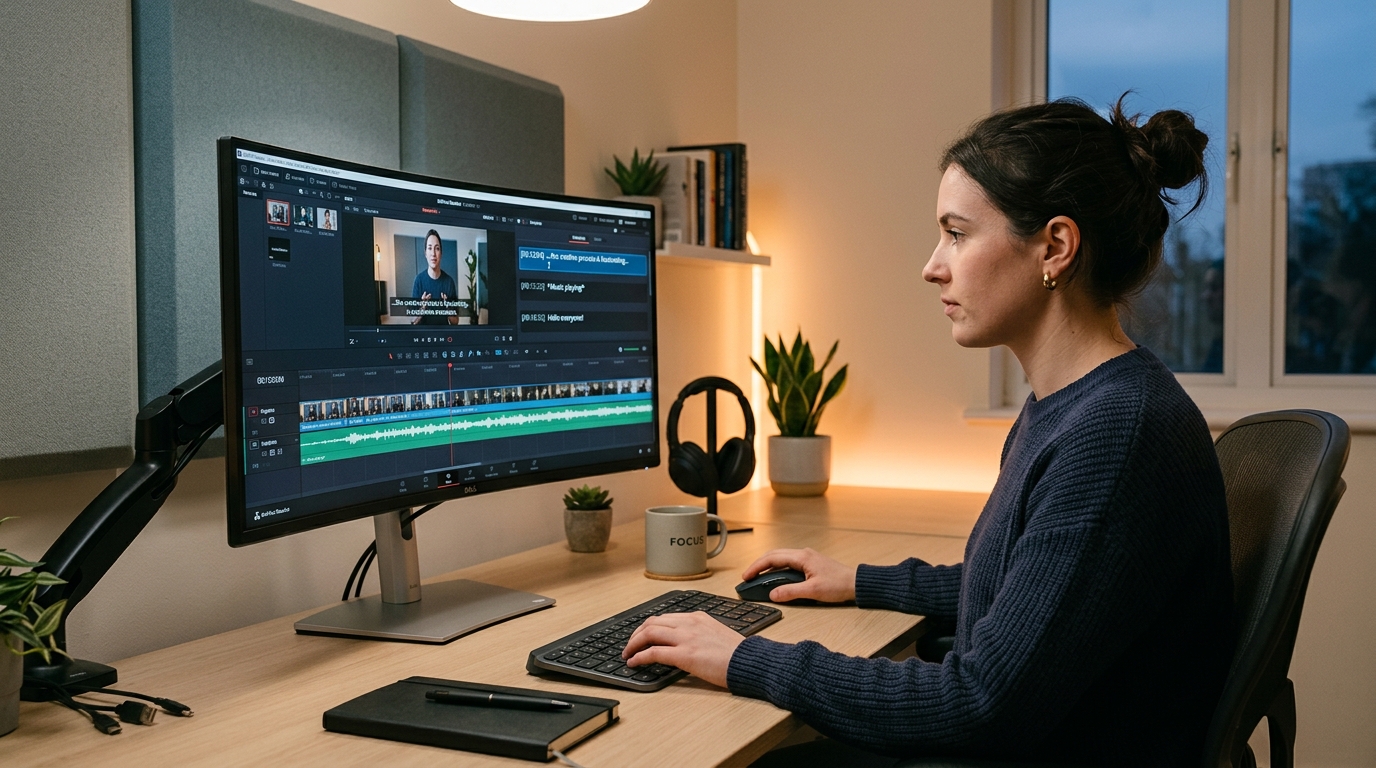 Person editing captions on a video timeline at a modern desk, focused on correcting auto-generated caption text.