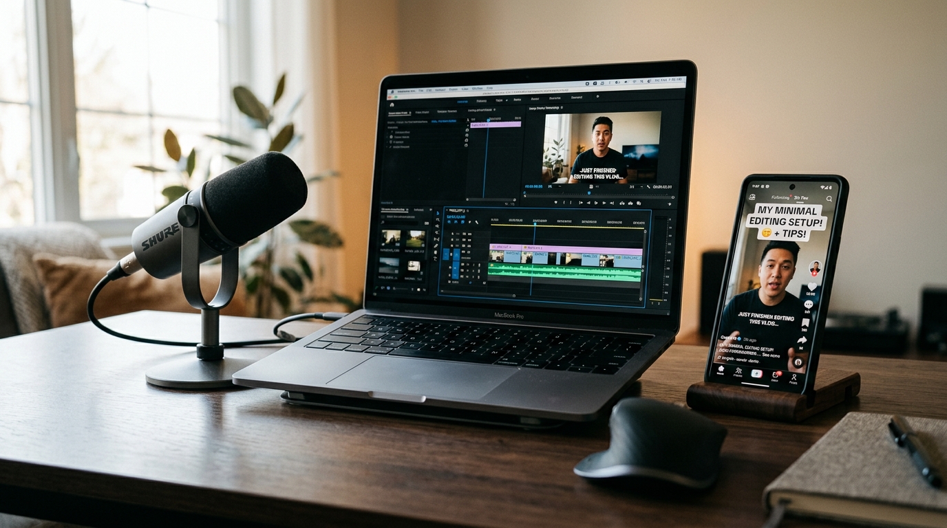 Laptop with video timeline and microphone on a desk, smartphone showing a video with AI-generated captions overlaid.