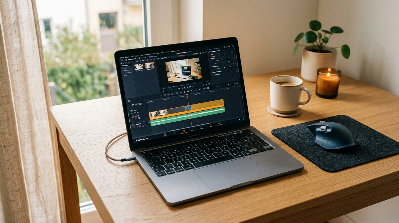 Laptop showing a video editing timeline with a highlighted clip segment on a clean creator workspace.