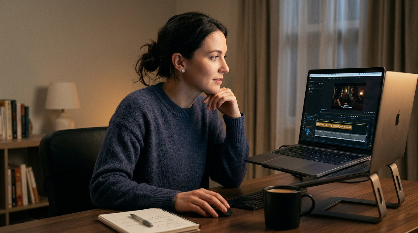 Person editing video captions on a laptop with a subtitle timeline editor on screen.