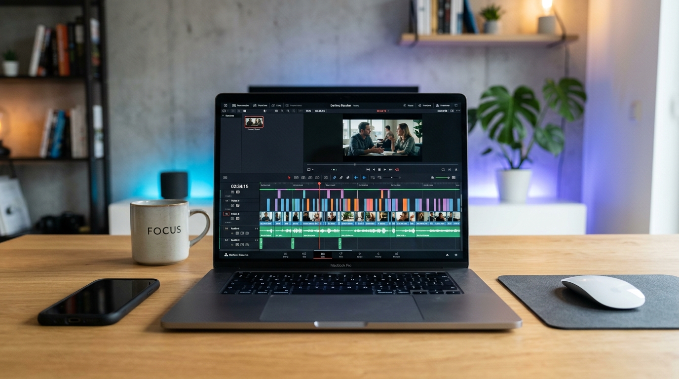 Laptop showing an AI clip generator timeline with multiple short-form video clips ready for export.