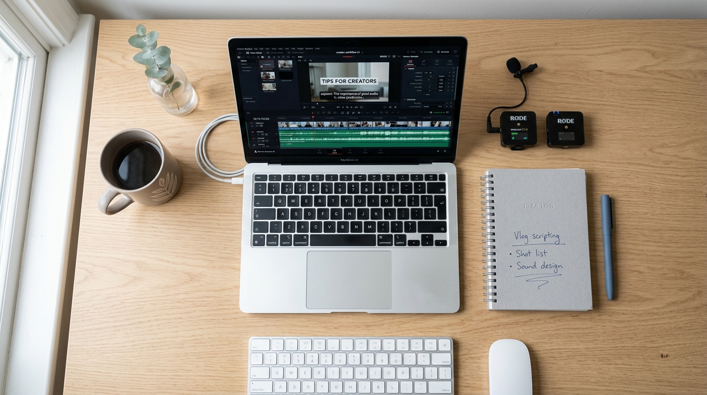 Laptop showing a captioned video timeline on a creator's desk with a microphone and notebook, representing the video captioni