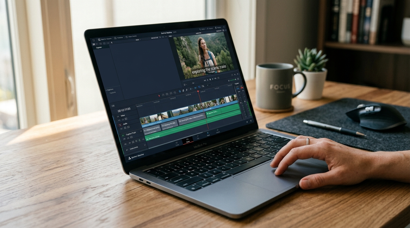 Hand editing video captions on a laptop timeline, representing the caption editing workflow process.