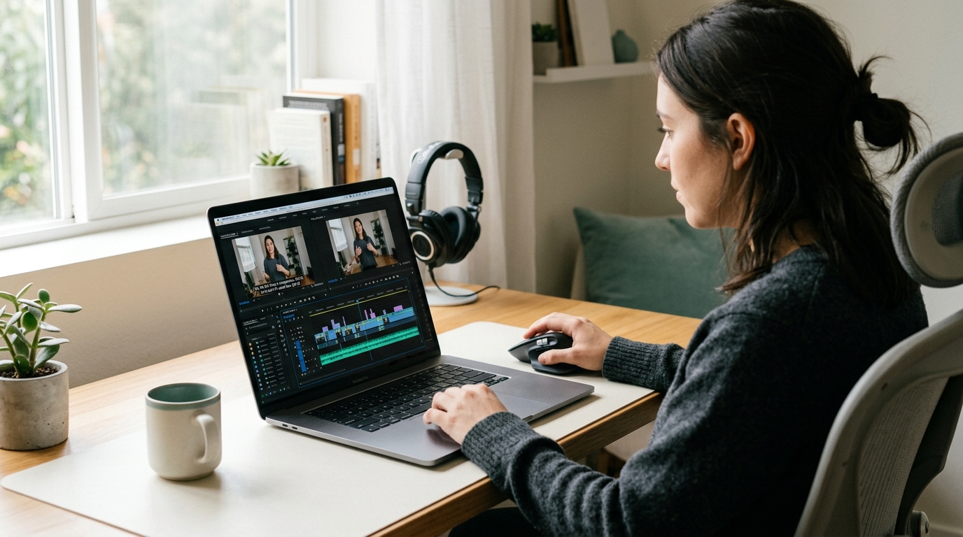 Creator reviewing AI generated captions on a video timeline on a laptop at a clean minimal desk.