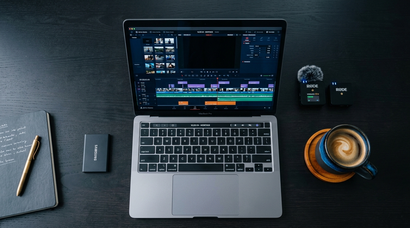 Laptop showing video editing timeline with short clips alongside a microphone and coffee cup on a dark desk, representing AI