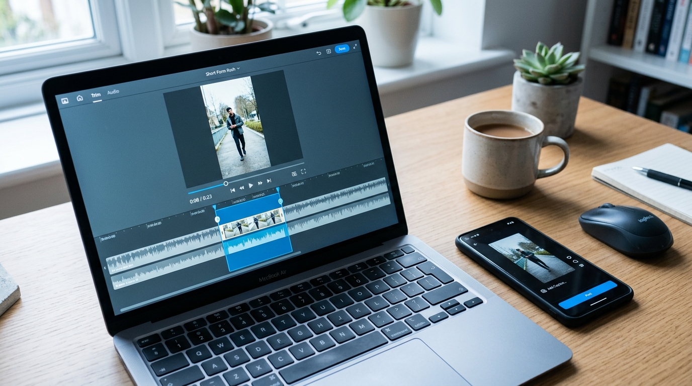 Laptop showing a video editing timeline next to a smartphone with a short vertical clip, illustrating an AI clip generator wo
