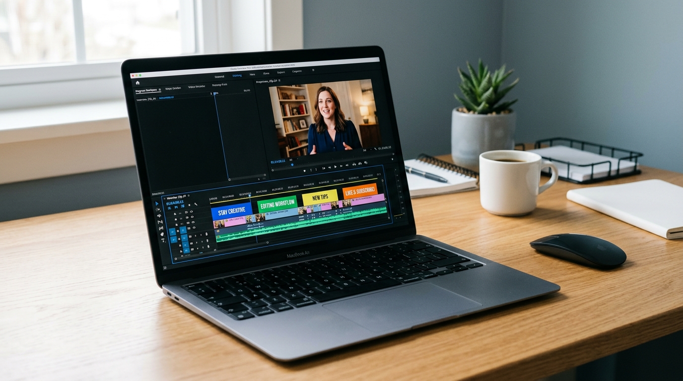 Laptop showing AI video editor with caption overlays on a talking-head clip, on a clean modern desk.
