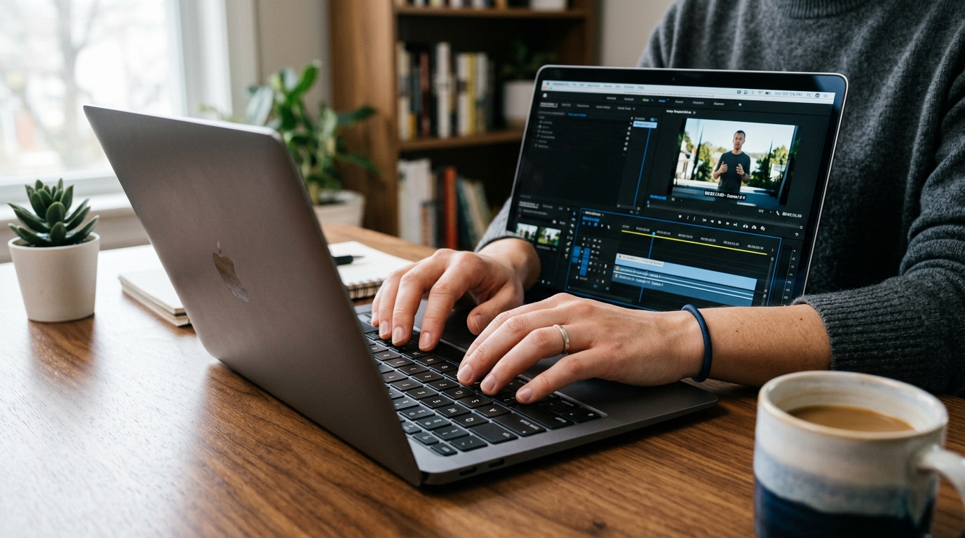 Hands at a laptop showing a video caption editing timeline, representing caption editing software workflows.