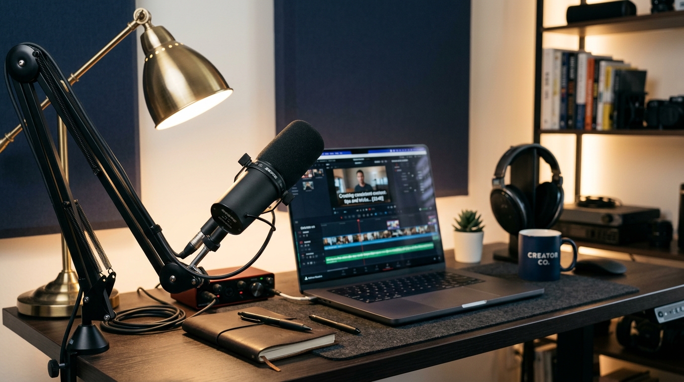Microphone on a creator's desk with a laptop displaying video captions, representing AI captioning workflow.
