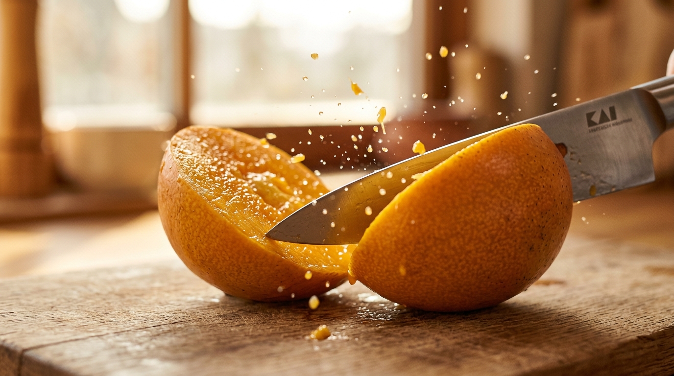 Close-up slow-motion knife slicing a ripe mango for AI cutting videos on TikTok and Reels.