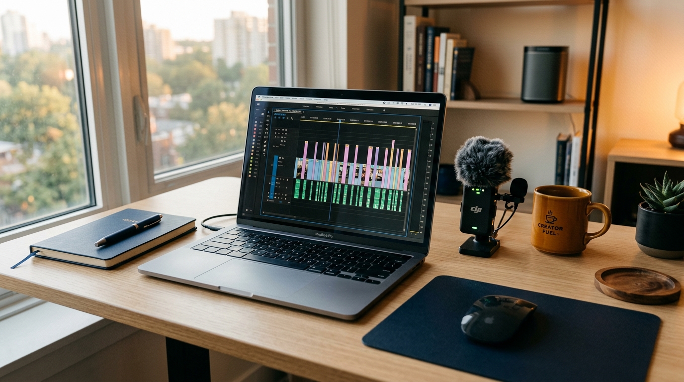 Laptop on a desk showing a long video being split into short clips using an AI tool.