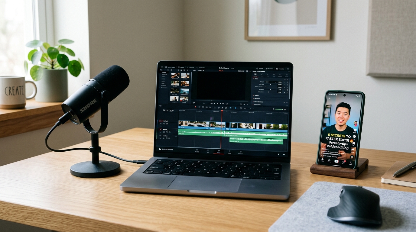 Laptop and microphone on a minimal desk showing a video timeline, representing AI caption app comparison for creators.
