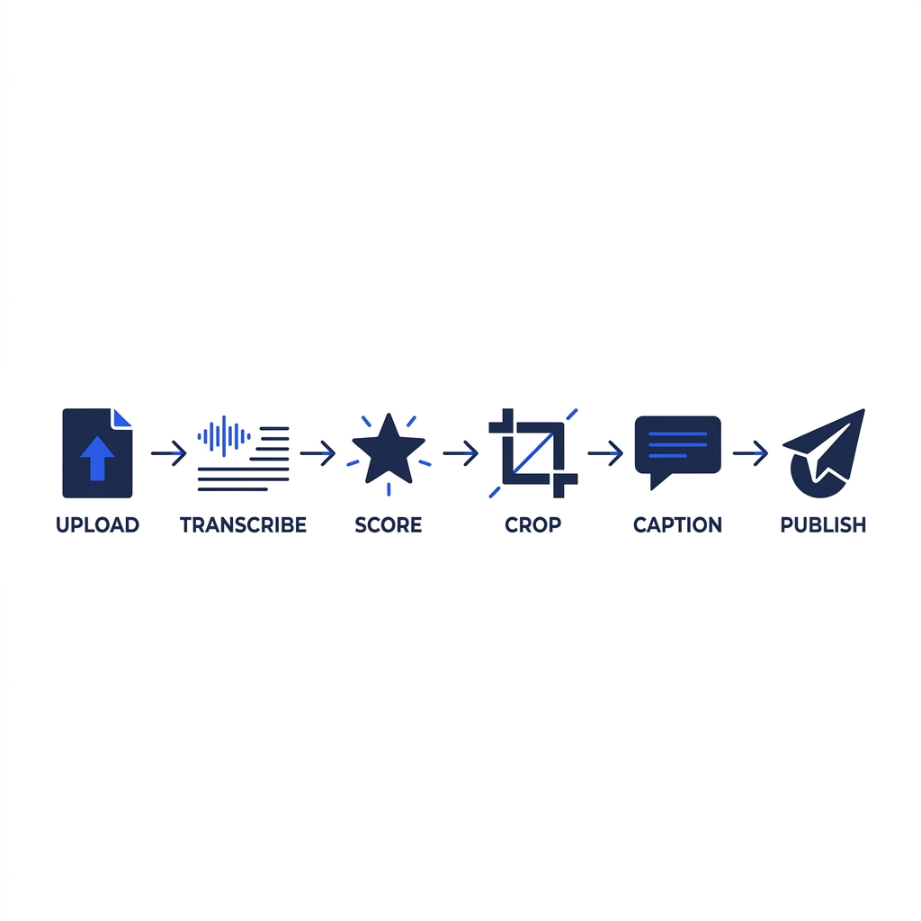 Six-step AI video clipping pipeline: upload, transcribe, score, reframe, caption, publish.