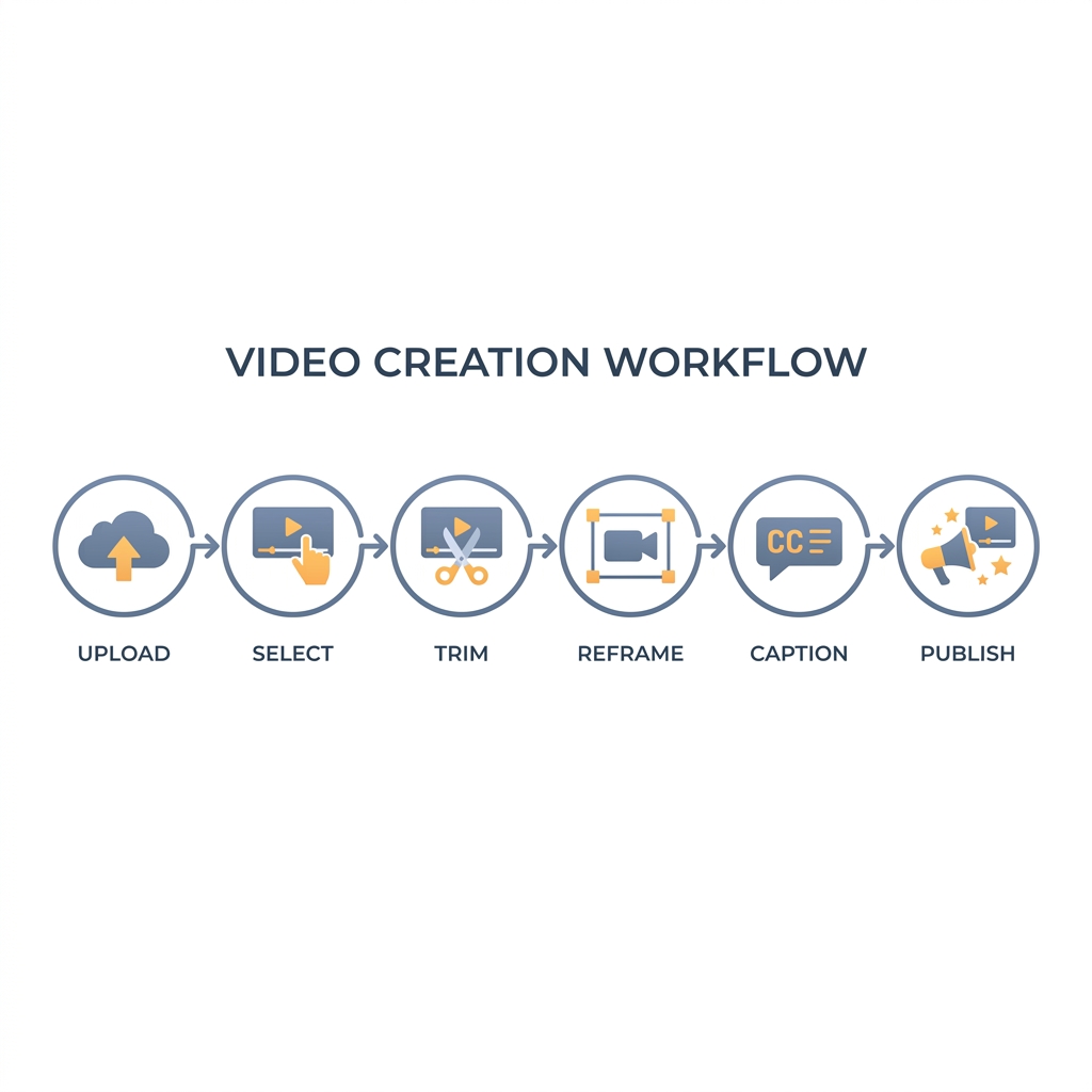 Six-step workflow infographic showing the process to clip short videos from long-form content.