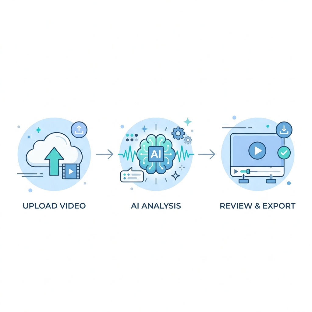 Three-step AI clip maker process: upload video, AI analyzes, review and export clips.