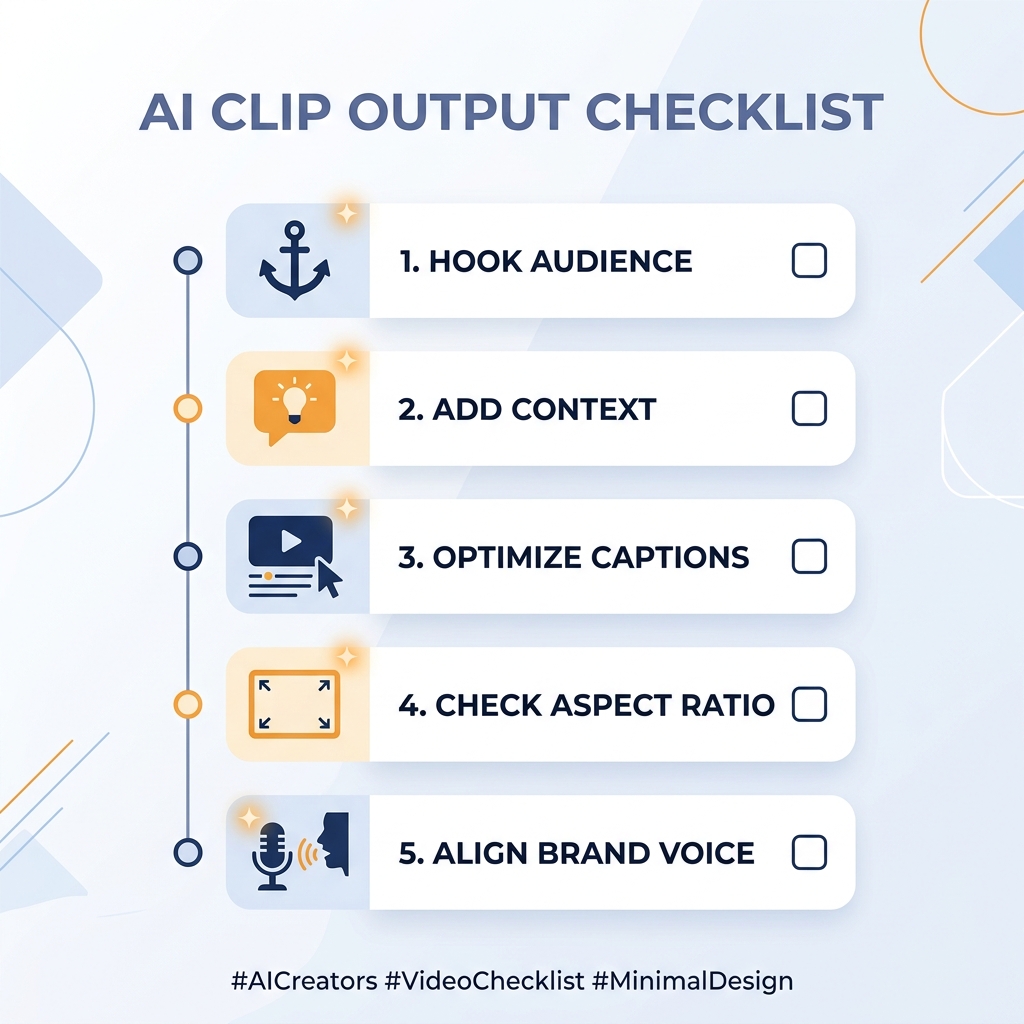 Five-point pre-export checklist for reviewing AI-generated video clips before publishing.