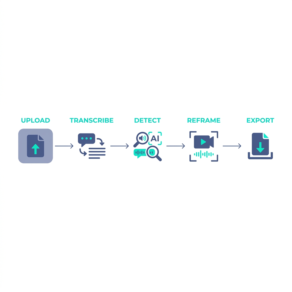Five-step AI clip maker workflow: upload, transcribe, detect, reframe, and export illustrated as icons.
