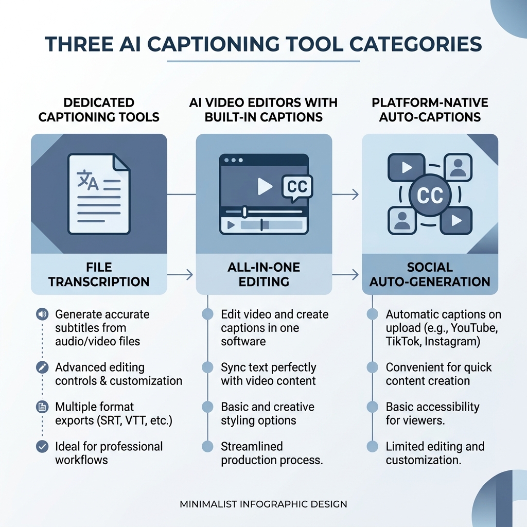 Infographic comparing three AI caption tool types: dedicated tools, video editors, and platform-native captions.