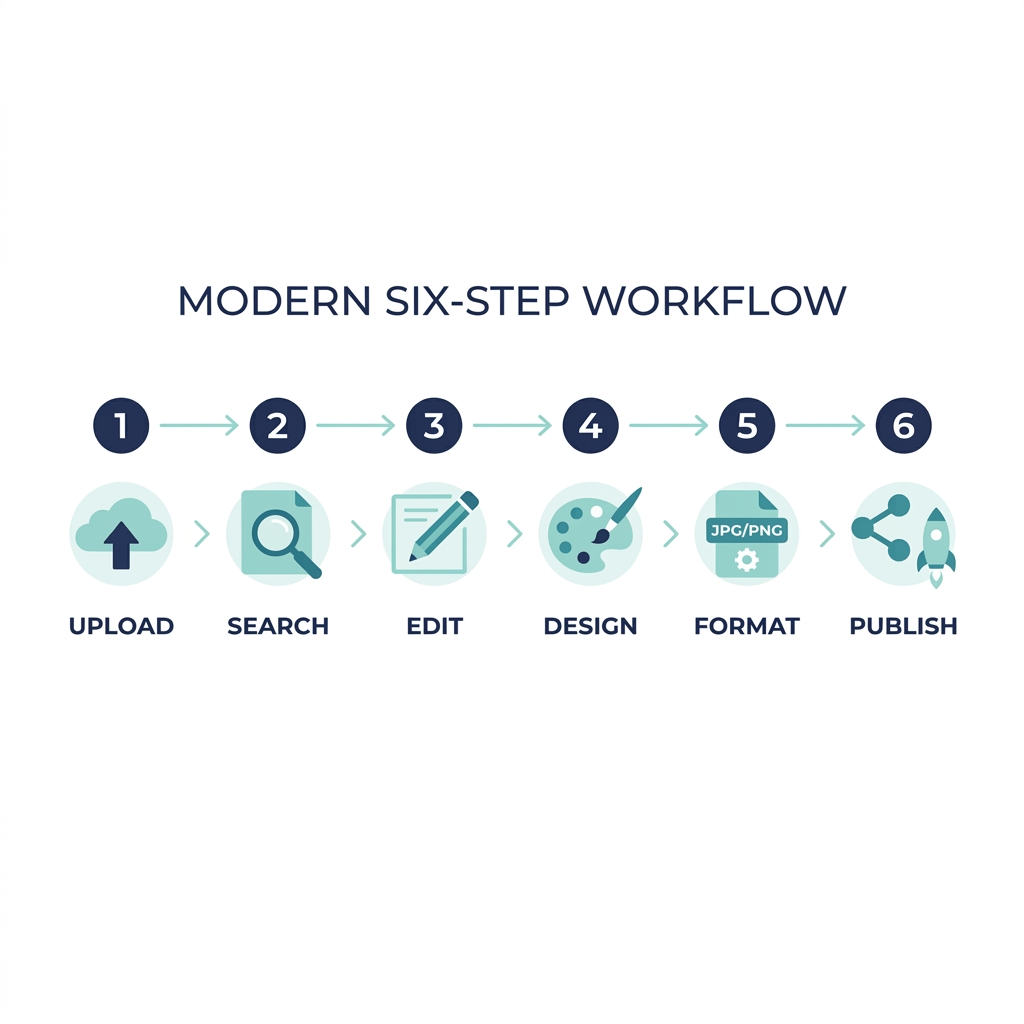 Six-step caption editing process infographic from upload and generation through review, correction, styling, and export.