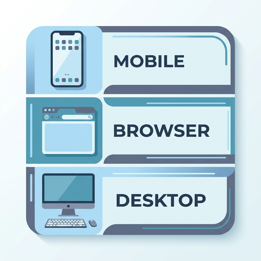 Infographic comparing three caption editing software platform types: mobile app, web-based, and desktop.