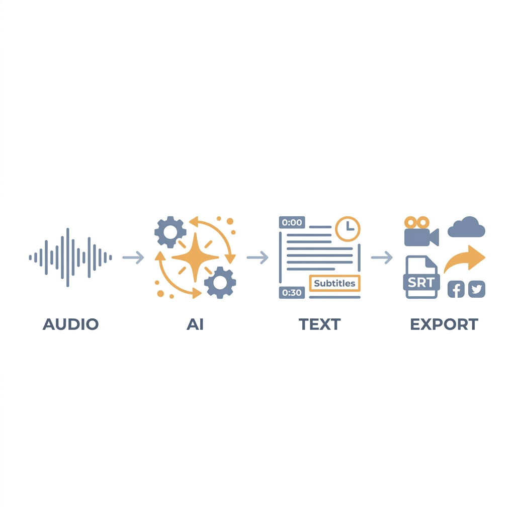 Infographic showing the 4-step AI caption generation process from audio input to platform export.