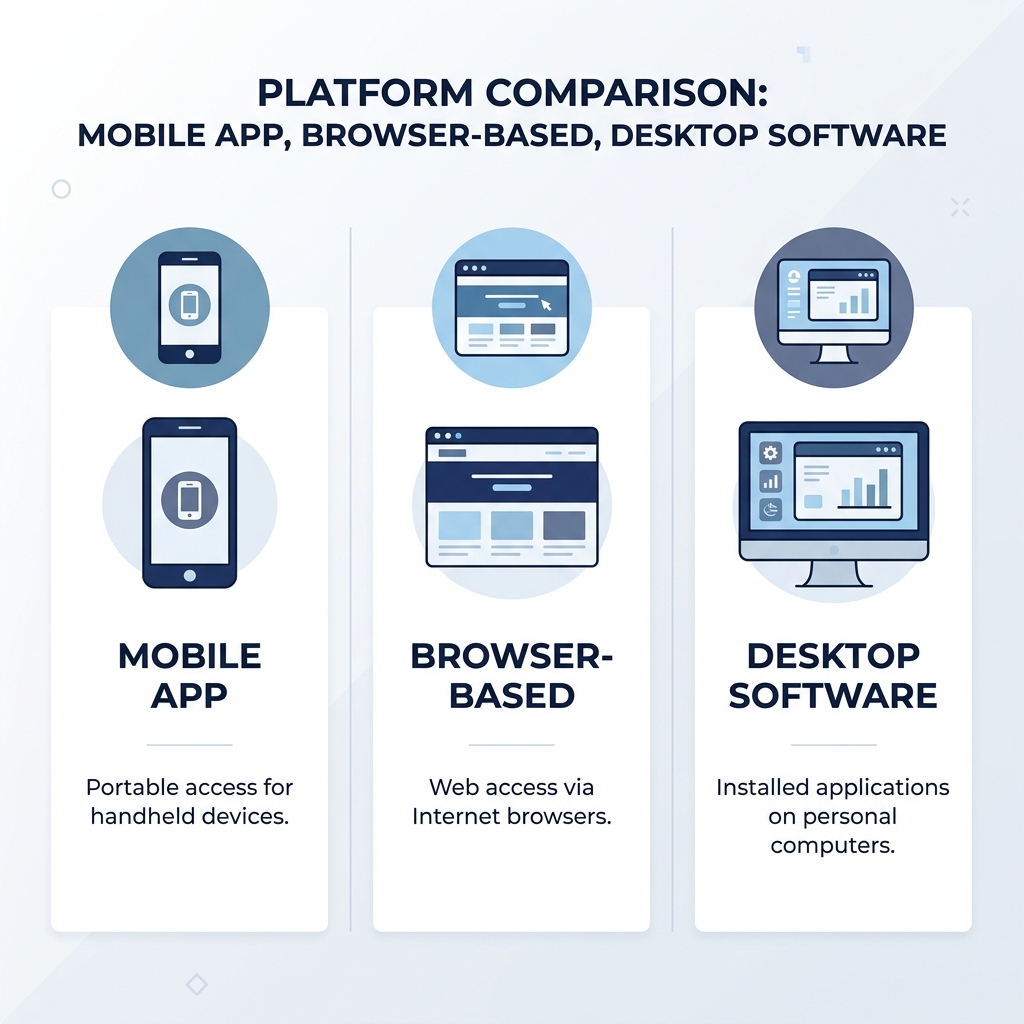 Infographic comparing mobile app, browser-based, and desktop caption editing software platform types.