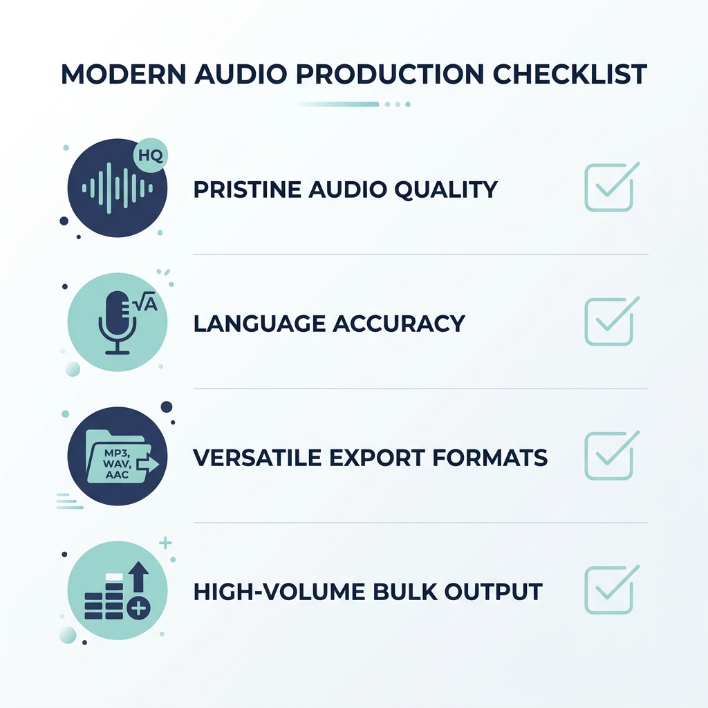 Checklist infographic showing four key criteria for evaluating an AI captions tool before purchasing.