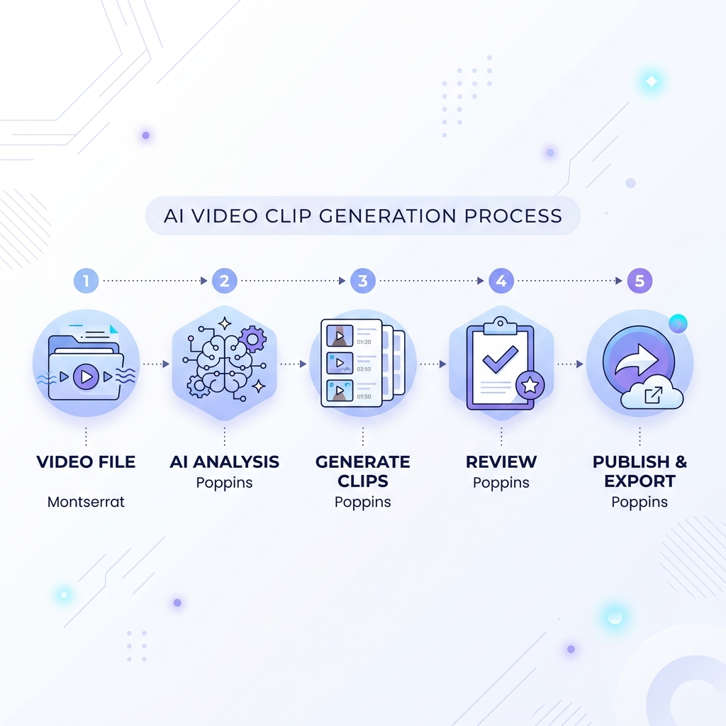 Infographic showing the 5-step AI clip generator process from upload to publish.