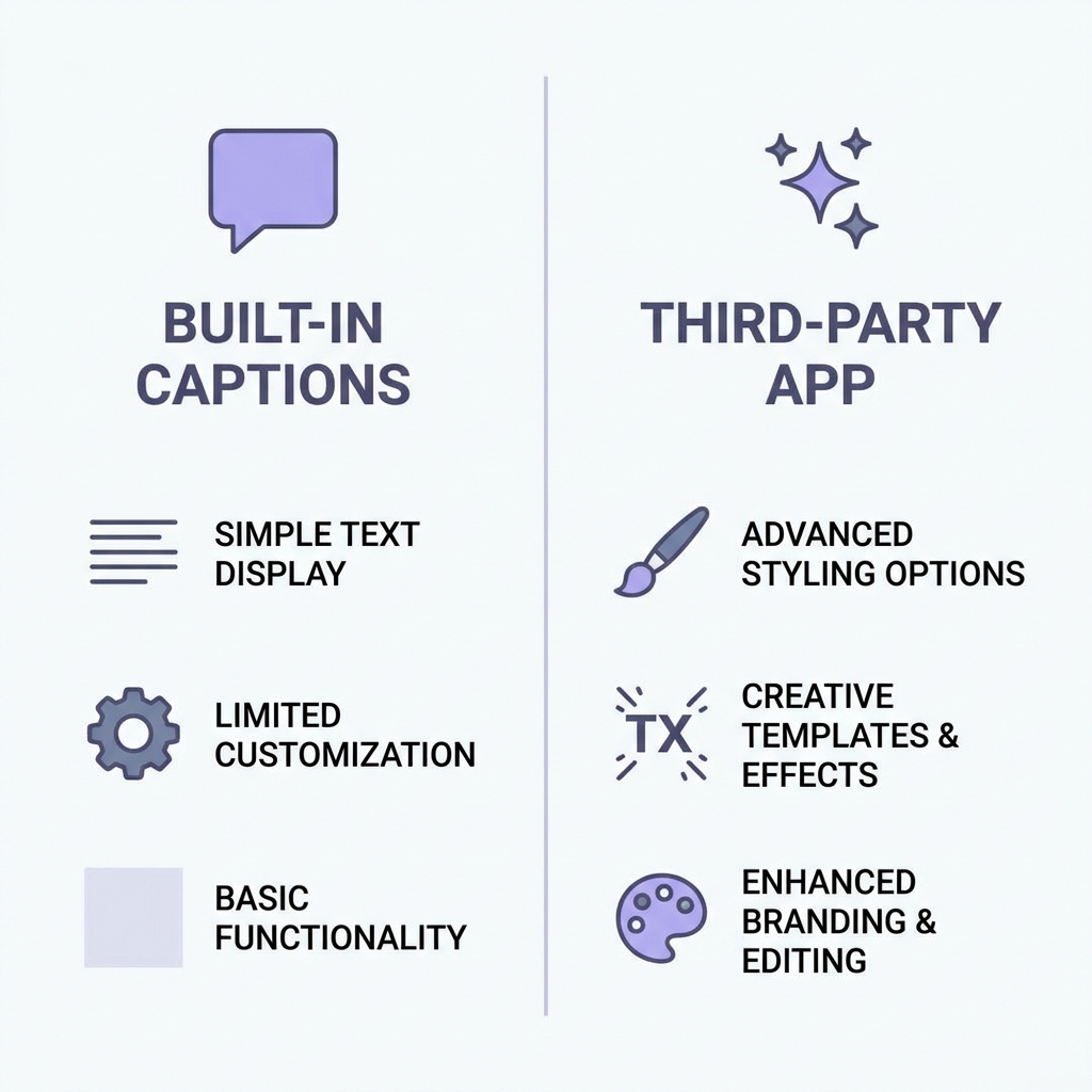 Side-by-side comparison infographic of native TikTok captions versus third-party caption apps for creators.