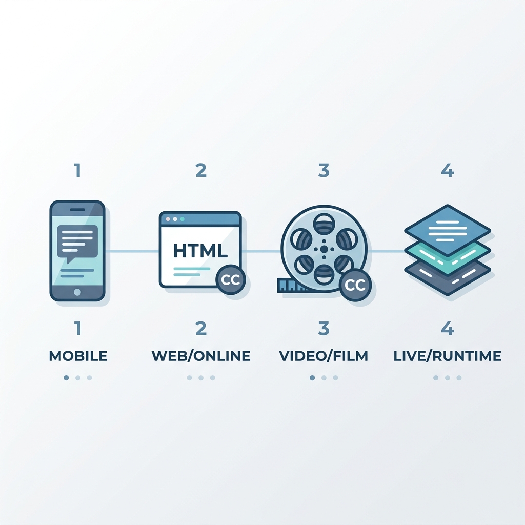 Infographic showing four categories of caption editing software: mobile app, browser tool, video editor, and automation platf
